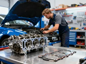 Mechanik naprawiający zdemontowany silnik samochodowy w profesjonalnym warsztacie.