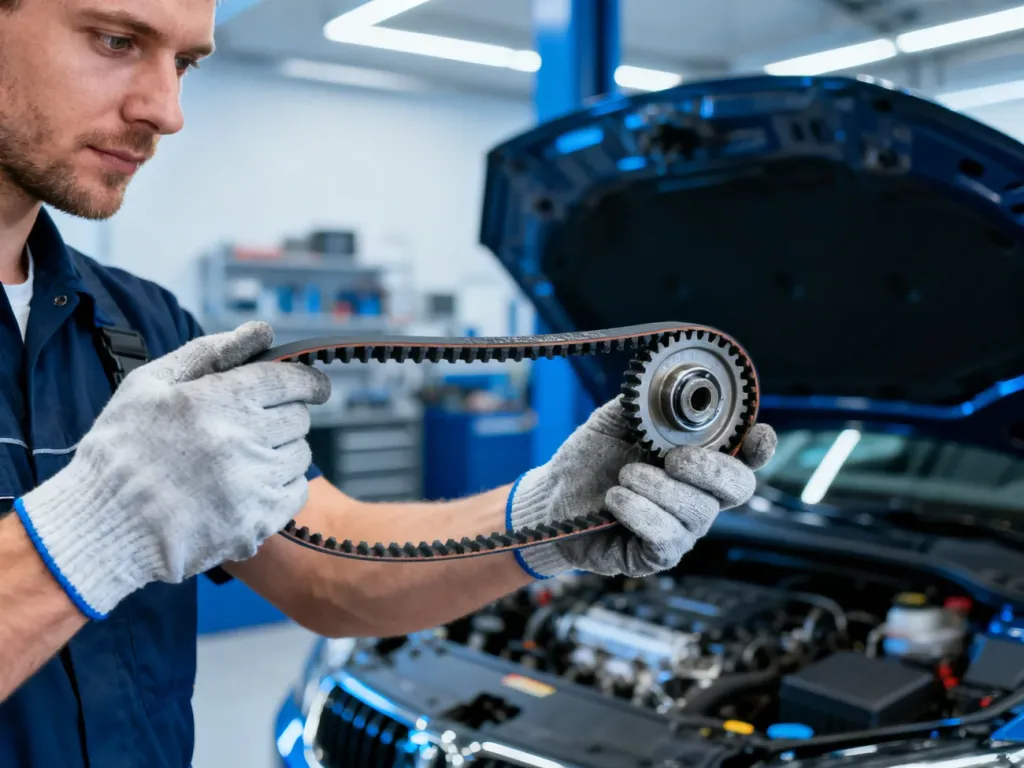 Mechanik trzymający nowy pasek rozrządu w profesjonalnym warsztacie samochodowym.