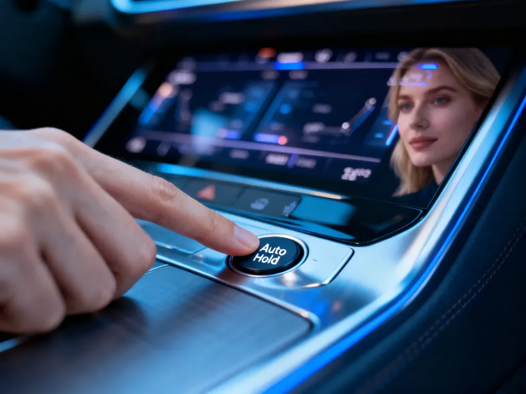 Dłoń kierowcy naciskająca przycisk systemu Auto Hold na konsoli środkowej nowoczesnego samochodu.