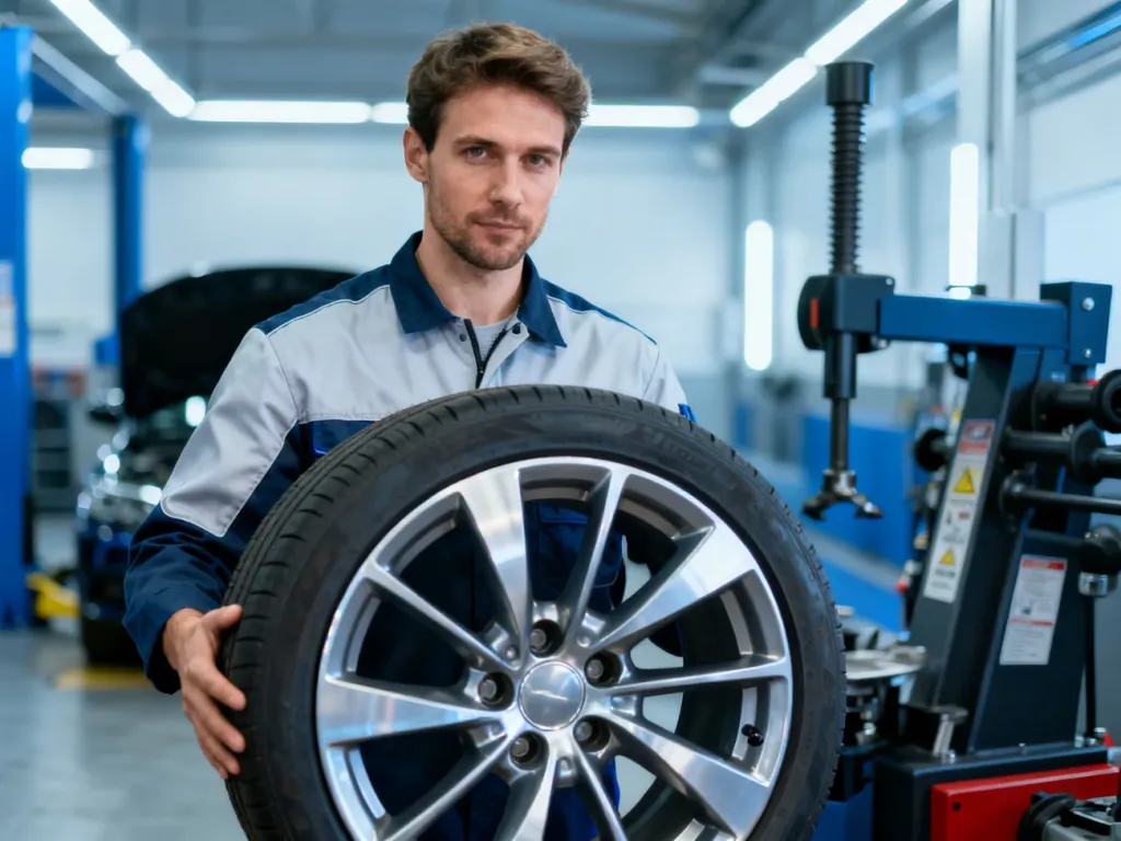 Mechanik w profesjonalnym warsztacie trzyma koło samochodowe z felgą aluminiową, przygotowując je do wyważenia.