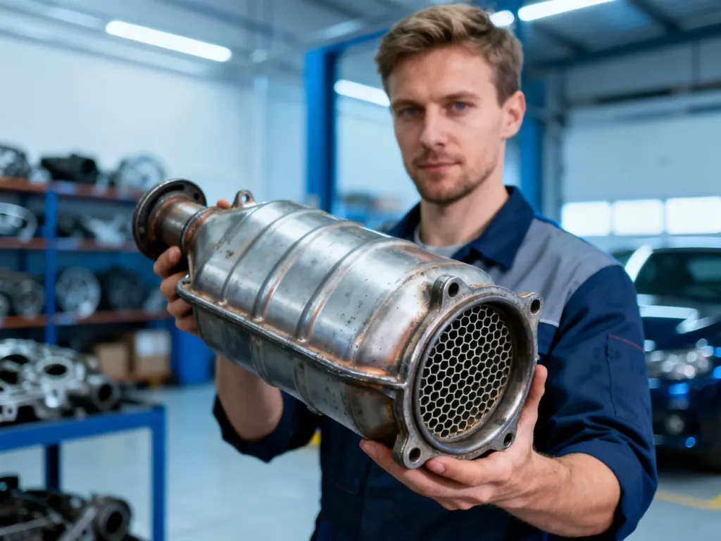 Mechanik trzymający zużyty katalizator samochodowy w profesjonalnym warsztacie, ukazujący strukturę plastra miodu.