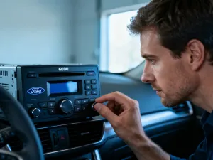 Mechanik naprawiający zdemontowany silnik samochodowy w profesjonalnym warsztacie.