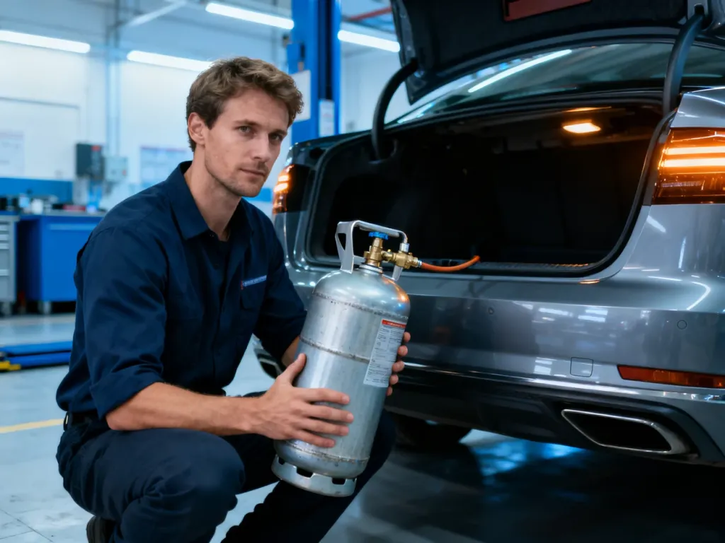Mechanik w profesjonalnym warsztacie trzyma butlę LPG przy otwartym bagażniku samochodu.
